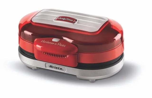 Elektrický gril Ariete Party Time Hamburger Maker 205, červený, kontaktný, prenosný a 2v1,
