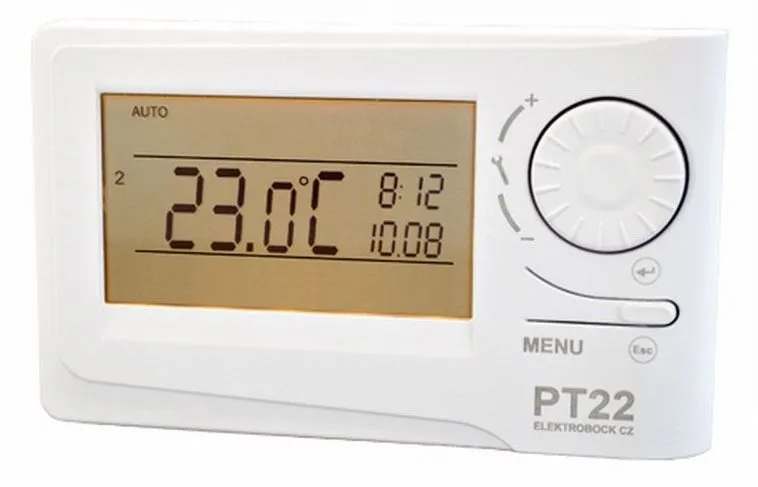 Chytrý termostat Elektrobock PT22, drôtový-230V, digitálny, napájanie batériami 2x AA, pro