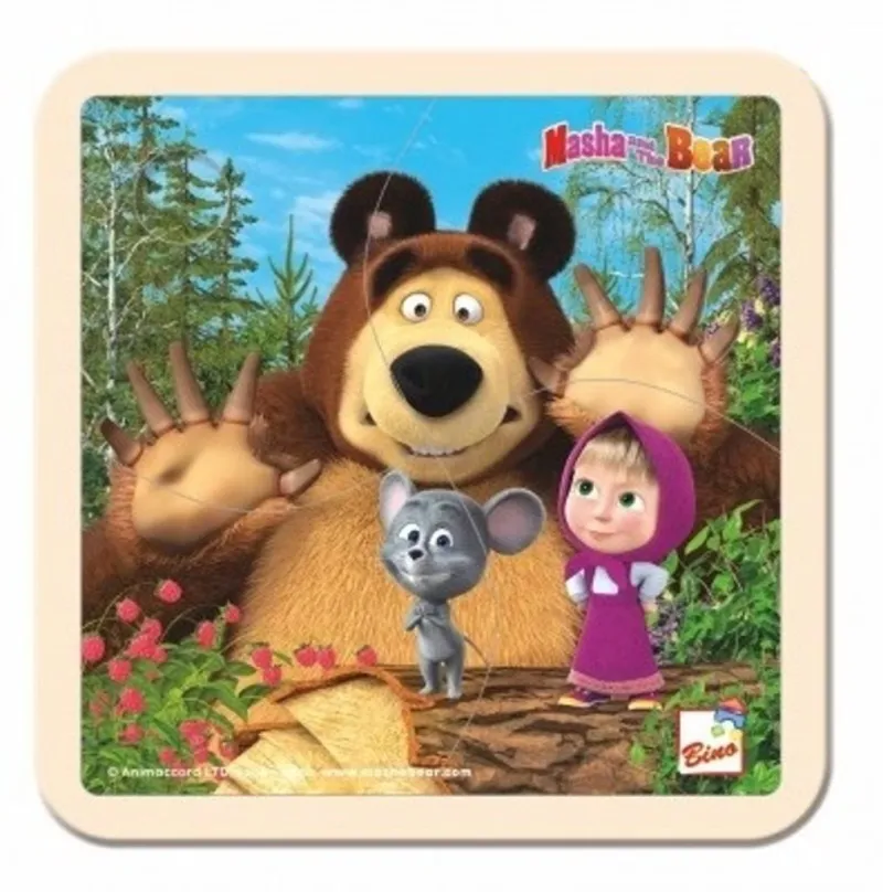 Drevené Puzzle Bino Máša a Medveď puzzle s myškou 15x15cm