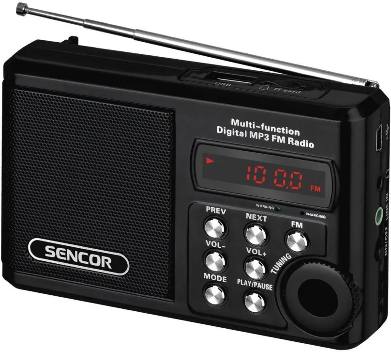 Rádio Sencor SRD 215 B, klasické, prenosné, FM tuner, podpora MP3, výkon 2 W, vstup USB a