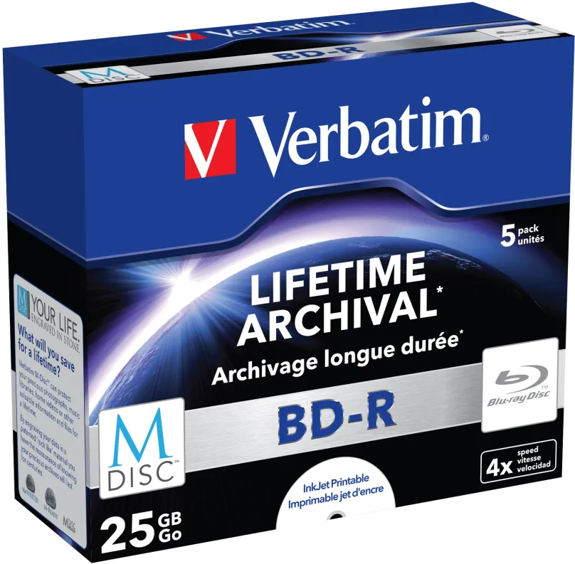 Médiá VERBATIM M-DISC BD-R SL 25GB, 4x, printable, šperk case 5 ks, M-DISCBD-R Single Laye