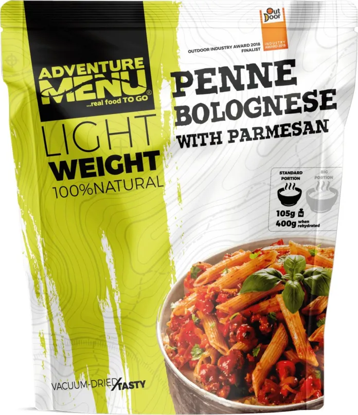 MRE Adventure Menu - Penne Bolognese, Meal Ready To Eat, obsahuje mäso, energetická hodnôt