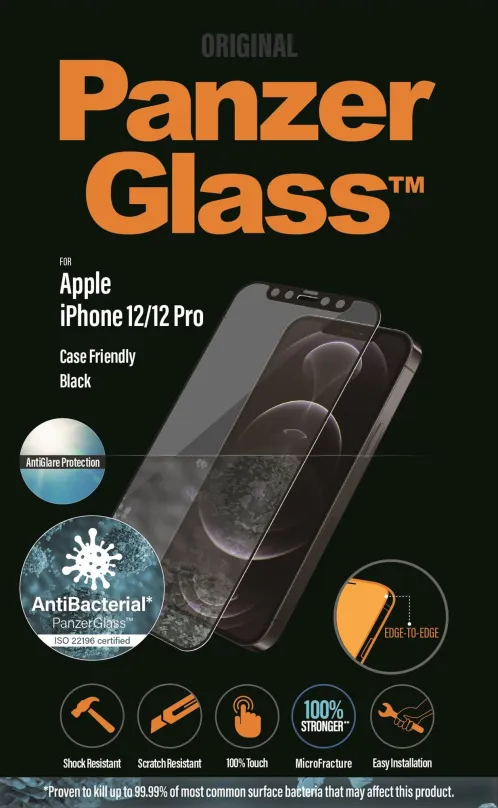 Ochranné sklo PanzerGlass Edge-to-Edge Antibacterial pre Apple iPhone 12/12 Pre čierne s Anti-Glare vrstvou