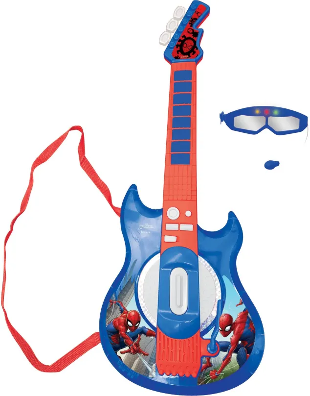 Detská gitara Lexibook Spider-Man Elektronická svietiaca gitara s mikrofónom v tvare okuliarov
