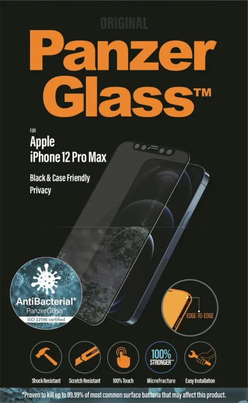 Ochranné sklo PanzerGlass Edge-to-Edge Privacy Antibacterial pre Apple iPhone 12 Pro Max čierne