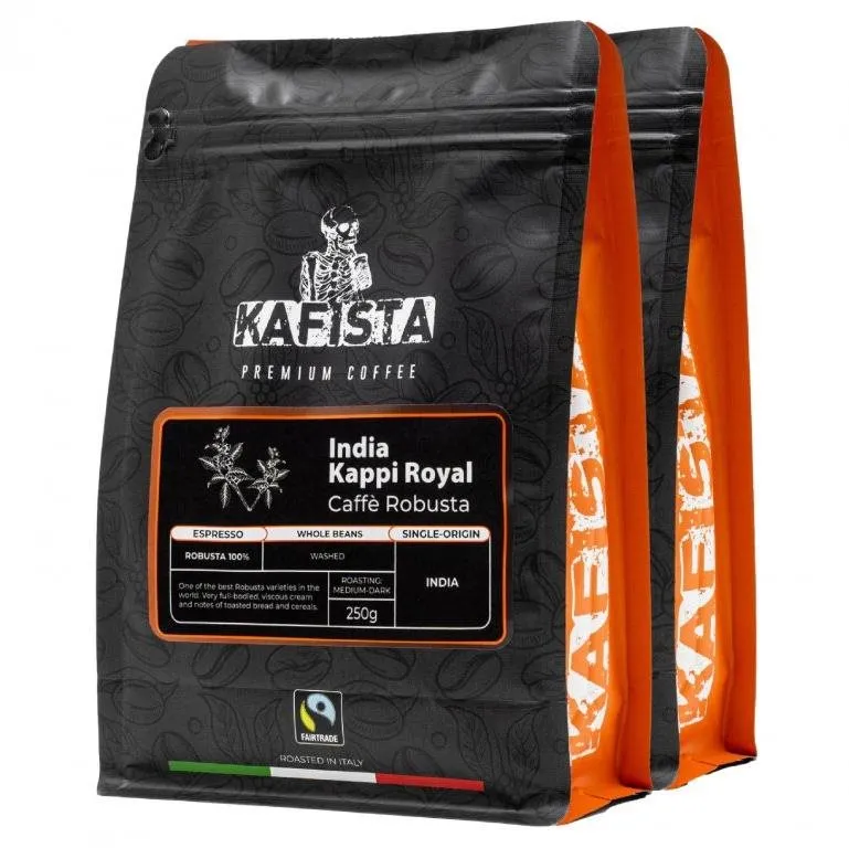 Káva Kafista "India Kappi Royal" - 100% Robusta, Pražená v Taliansku - zrnková káva na espresso 2 x 250 g