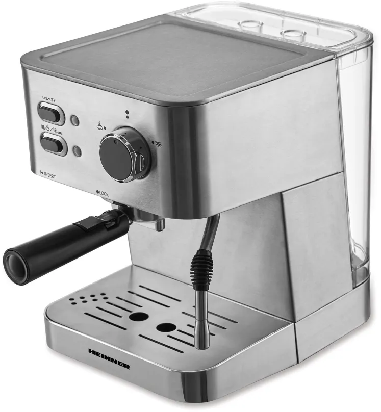 Pákový kávovar Heinner HEM-1050SS, tlak 20 bar, objem nádržky na vodu 1,5 l, príkon 1050