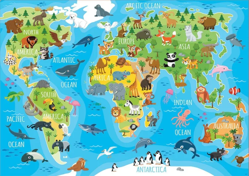 Puzzle Educa Puzzle Mapa so zvieratami sveta 150 dielikov