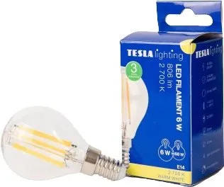 LED žiarovka Tesla - LED žiarovka miniglobe FILAMENT RETRO E14, 6W, 230V, 806lm, 25 000h, 2700K teplá biela, 360st, či
