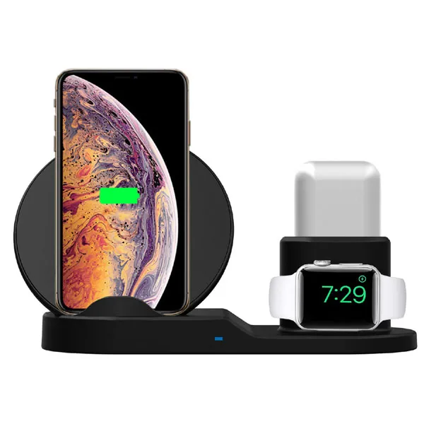 3v1 bezdrôtová nabíjačka, pre telefón, Apple Watch a Airpods, čierna, 5/9V, 15W, Qi
