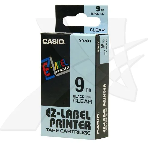 Casio originálna páska do tlačiarne štítkov, Casio, XR-9X1, čierna tlač/priehľadný podklad, nelaminovaná, 8m, 9mm