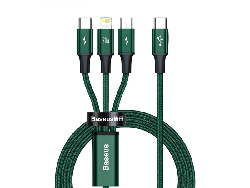 Baseus Rapid Series dátový kábel 3v1 USB-C (USB-C + Lightning + USB-C) PD 20W 1.5m zelená