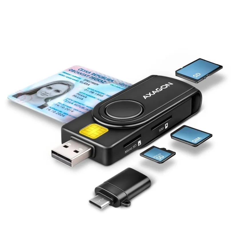 Čítačka eObčianok AXAGON CRE-SMP2A Smart card/ID card & SD/microSD/SIM card PocketReader, USB-A + USB-C