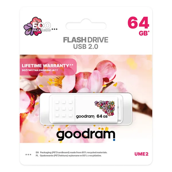 Goodram USB flash disk, USB 2.0, 64GB, UME2, UME2, biely, UME2-0640W0R11-SP