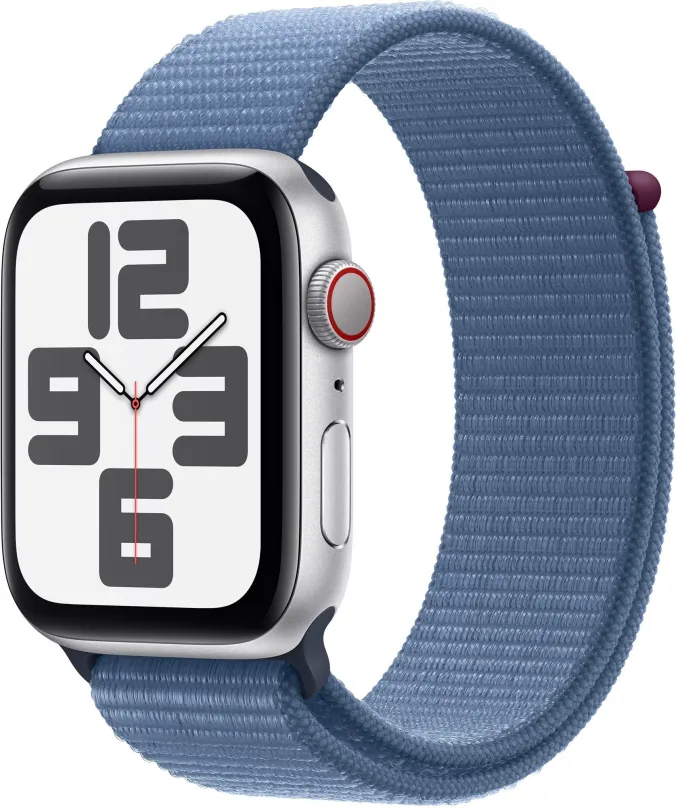 Chytré hodinky Apple Watch SE Cellular 44mm Strieborný hliník s ľadovo modrým prevliekacím športovým remienkom