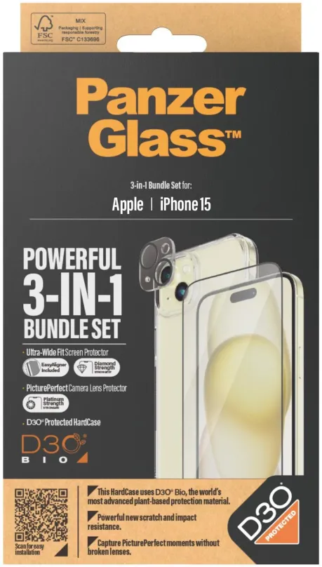 Ochranné sklo PanzerGlass Bundle 3v1 Apple iPhone 15 (PG sklo + HardCase D30 + Camera Protector)