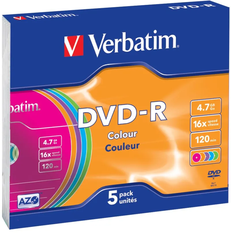 Médiá VERBATIM DVD-R AZO 4,7 GB, 16x, farba, slim case 5 ks