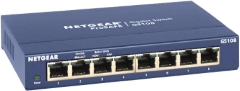 Switch Netgear GS108GE, desktop, 8x RJ-45, L2, prenosová rýchlosť LAN portov 1 Gbit, rozme