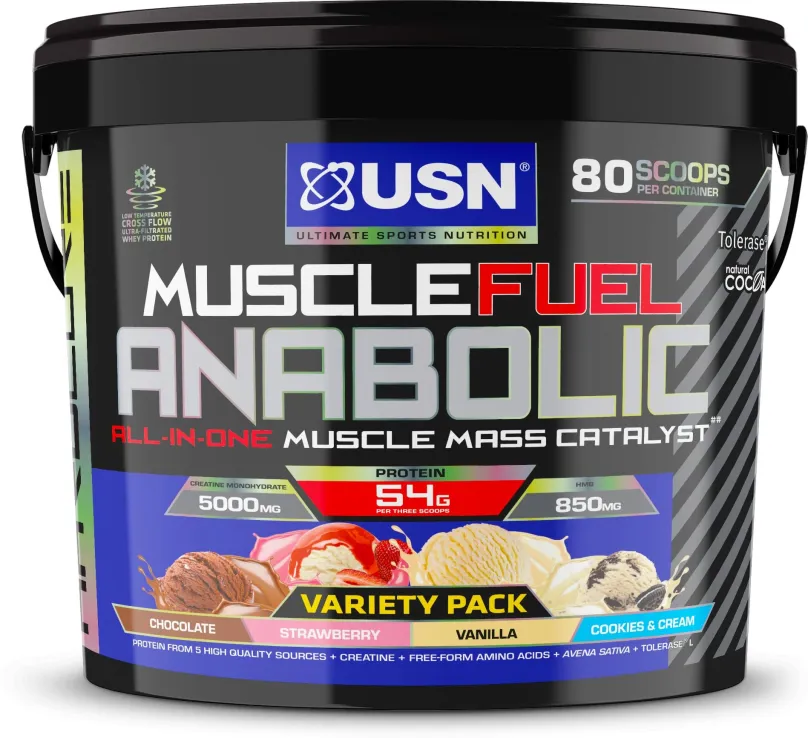 Gainer USN Muscle Fuel Anabolic Variety pack (Čokoláda, Jahoda, Vanilka a Cookies & Cream) 4kg