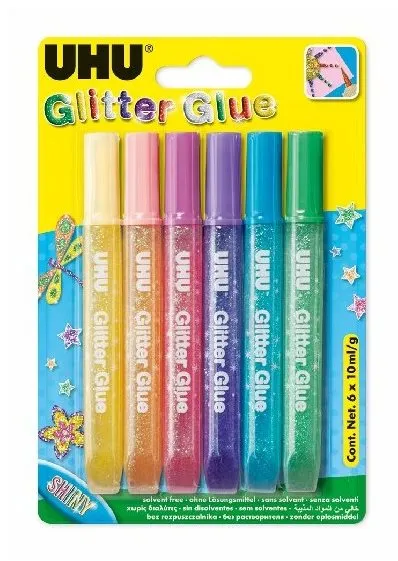 Lepidlo UHU Glitter Glue 6 x 10 ml Shiny, gélové lepidlá v šiestich žiarivých farbách, s o