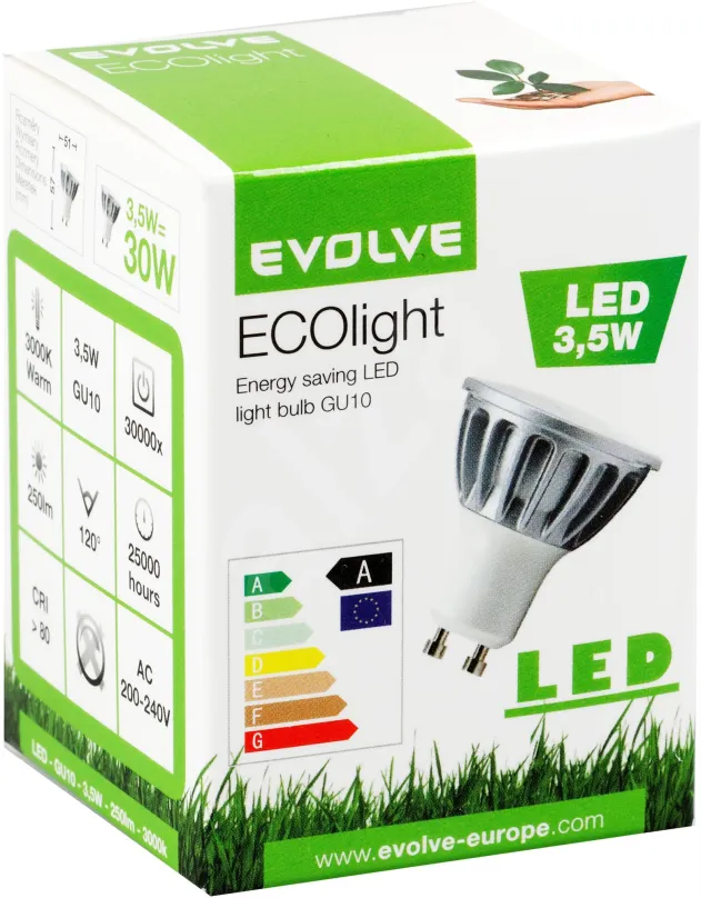 LED žiarovka EVOLVEO EcoLight 3.5W, LED, GU10, teplé biele svetlo, svietivosť 250l, nahrádza klasickú 30W žiarovku, teplota chromatickosti 3000K, 1ks v balení