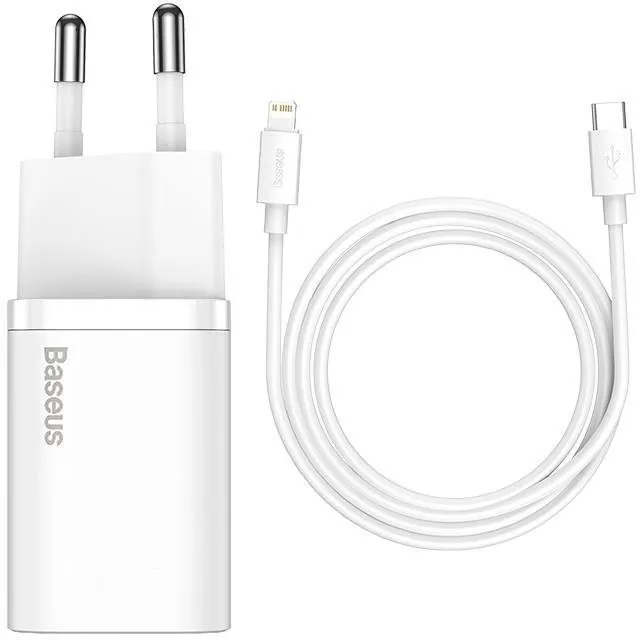 Nabíjačka do siete Baseus Super SI set adaptéra USB-C 20W a kábla USB-C do Lightning 1m, biela