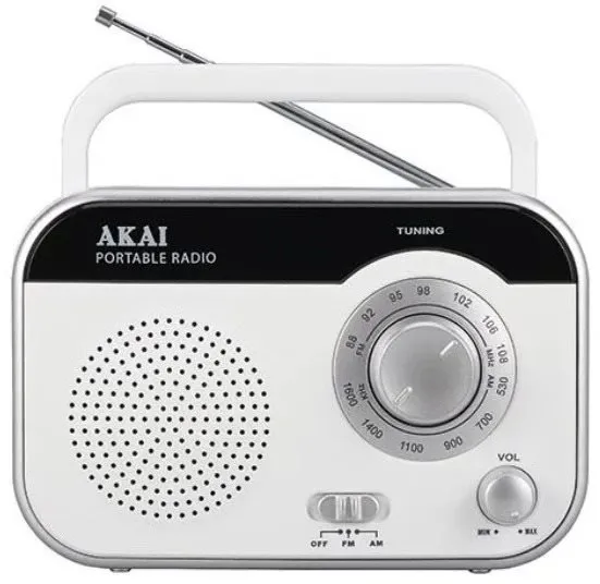 Rádio AKAI PR003A-410 WHITE, klasické, prenosné, AM a FM tuner, výkon 1 W, výstup 3,5 mm J