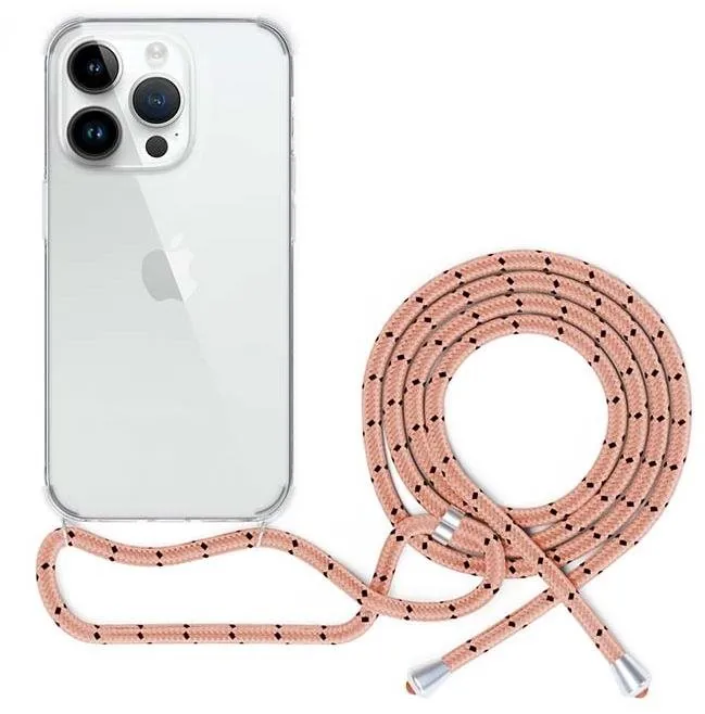 Kryt na mobil Spello Crossbody kryt so šnúrkou pre iPhone 15 Plus - transparentná / ružová šnúrka