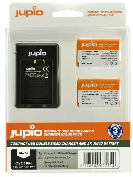 Batéria pre fotoaparát Jupio 2x NP-BX1 - 1250 mAh + nabíjačka pre Sony
