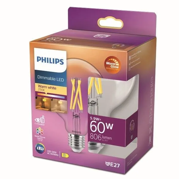 Philips 8719514323957 LED filamentová žiarovka 5,9W/60W | E27 | 806lm | 2200-2700K | G93 - stmievateľná, WarmGlow