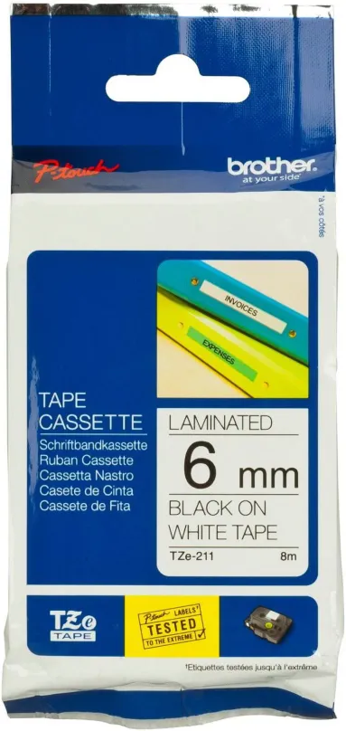 TZ páska Brother TZe-211, biela a čierna, 6mmx8m, laminovaná