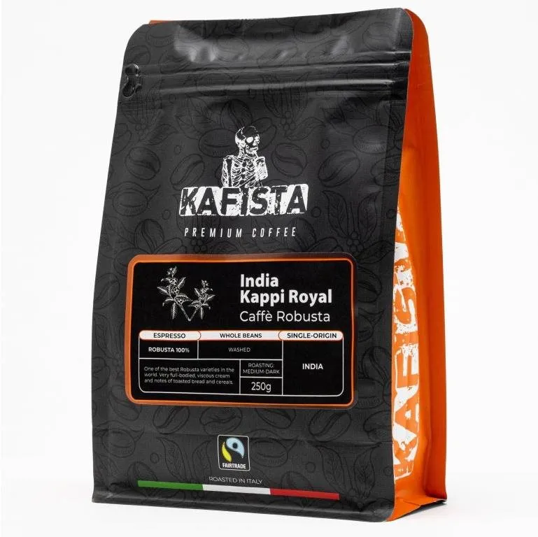 Káva Kafista "India Kappi Royal" - 100% Robusta, Pražená v Taliansku - zrnková káva na espresso 250 g