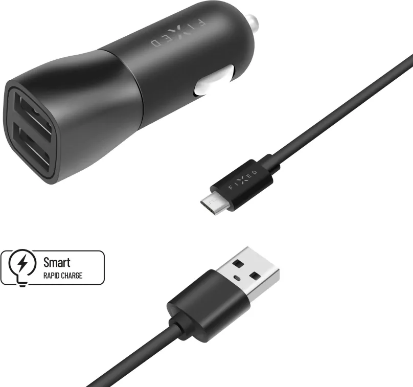Nabíjačka do auta FIXED s 2xUSB výstupom a USB/micro USB kábla 1 meter 15W Smart Rapid Charge čierna