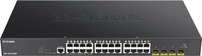Switch D-LINK DGS-1250-28XMP, do čajky, 24x RJ-45, 4x SFP, 24x 10/100/1000Base-T, PoE (Pow