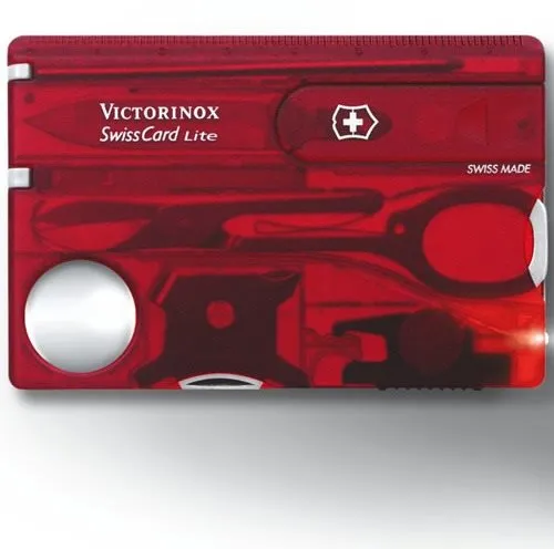 Multitool Victorinox Swiss Card Lite Translucent červený, karta s 13 funkciami, dĺžka nást