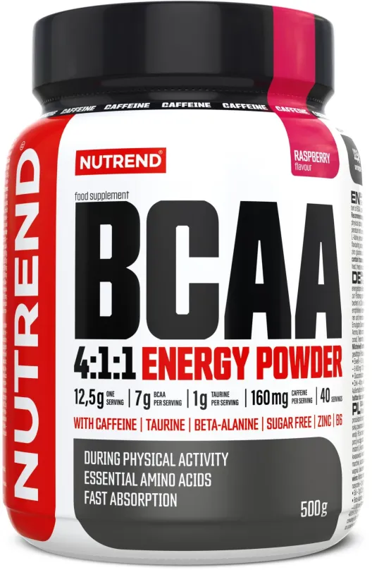 Aminokyseliny Nutrend BCAA 4:1:1 ENERGY POWDER, 500 g, malina, BCAA, v prášku, príchuť mal