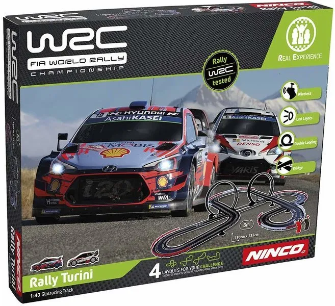 Autodráha WRC Rally Turini 1:43, svietiaca, mechanická a skladacia, dĺžka trate 800 cm, 2