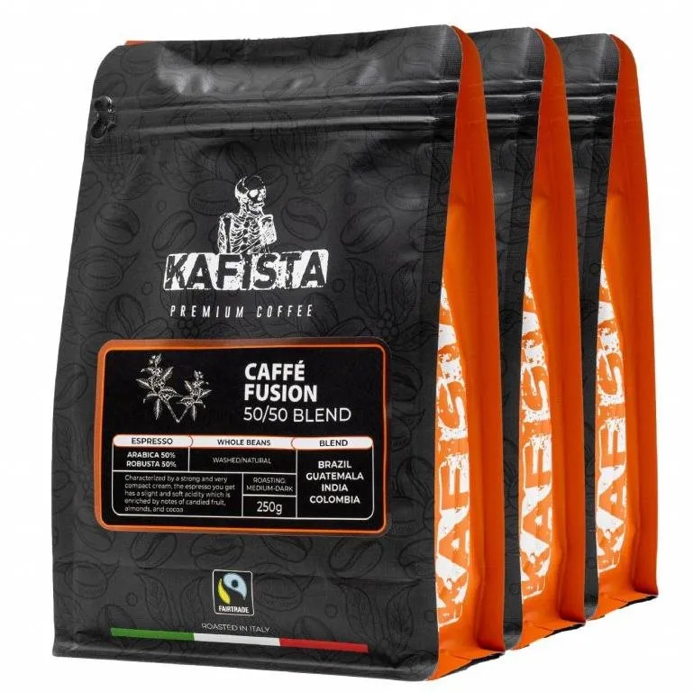 Káva Kafista Zrnková Káva "Café Fusion 50/50" - Zmes Arabica & Robusta, espresso 3 x 250 g