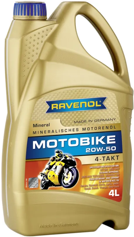 Motorový olej RAVENOL Motobike 4-T Mineral 20W-50; 4 L, 20W-50, minerálne, pre 4-taktné mo