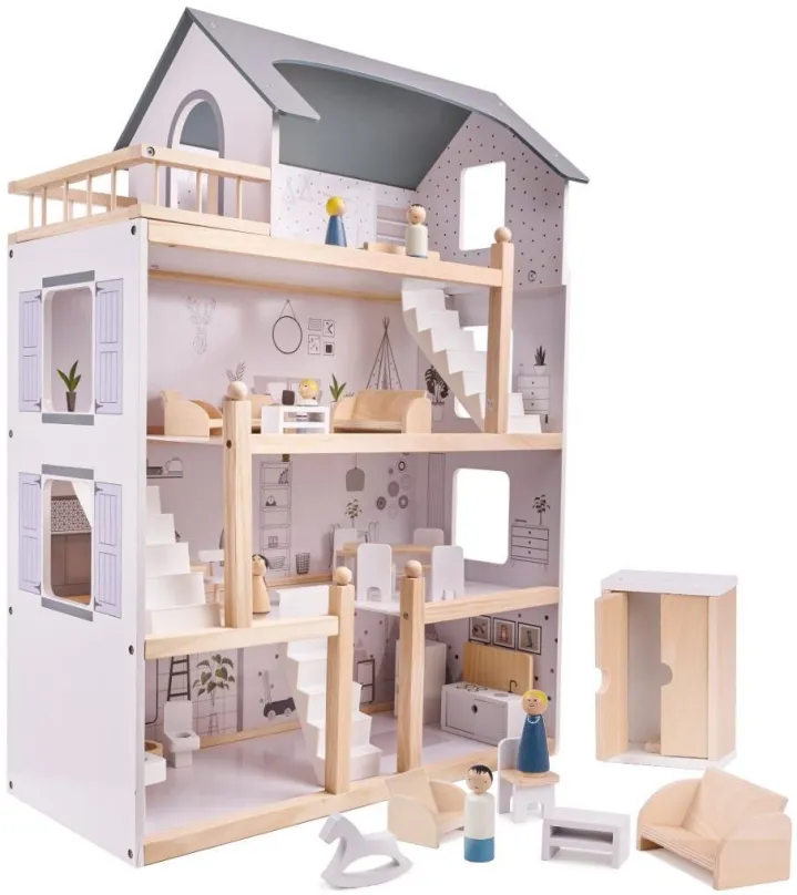 Domček pre bábiky Drevený domček pre bábiky + nábytok 80 cm