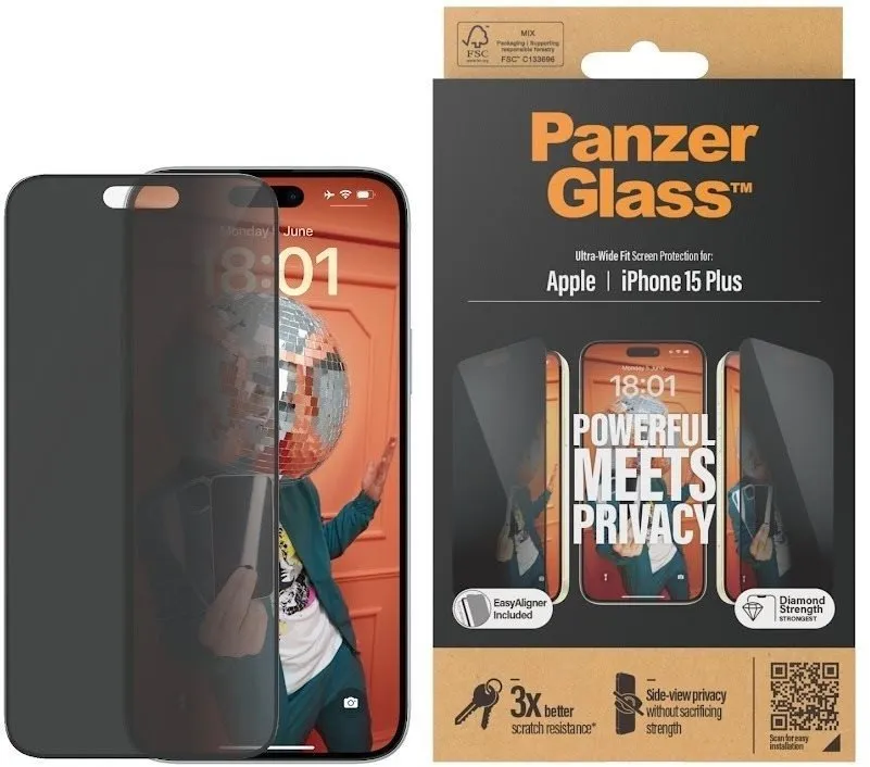 Ochranné sklo PanzerGlass Privacy Apple iPhone 15 Plus s inštalačným rámčekom