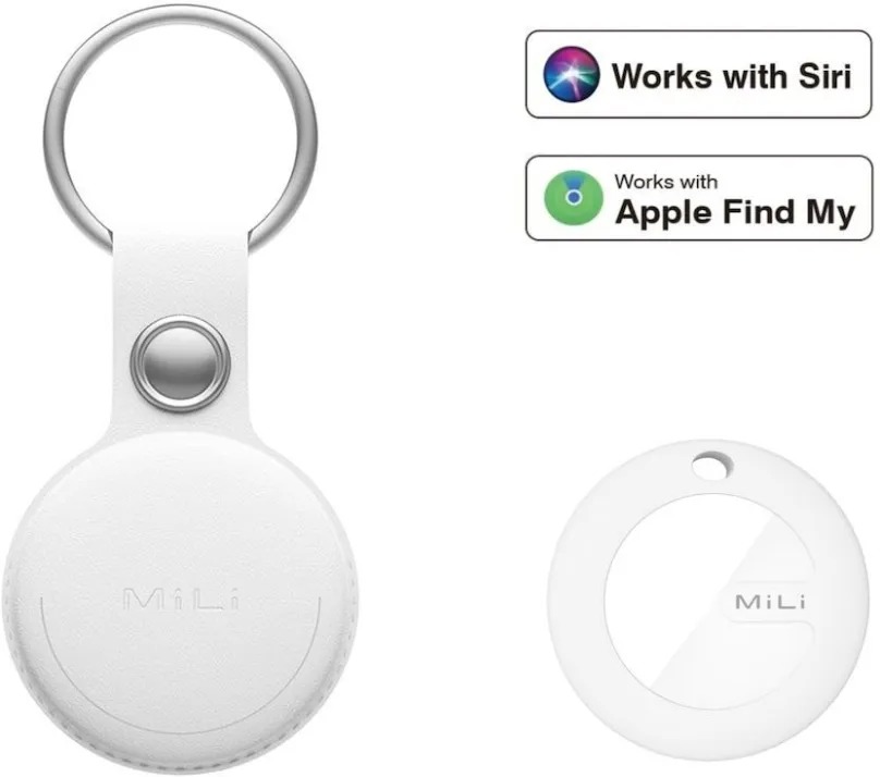 Bluetooth lokalizačný čip MiLi MiTag – smart lokátor s koženou kľúčenkou, biela