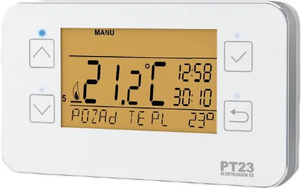 Chytrý termostat Elektrobock PT23, drôtový-230V, digitálny a dotykový, napájanie batériami