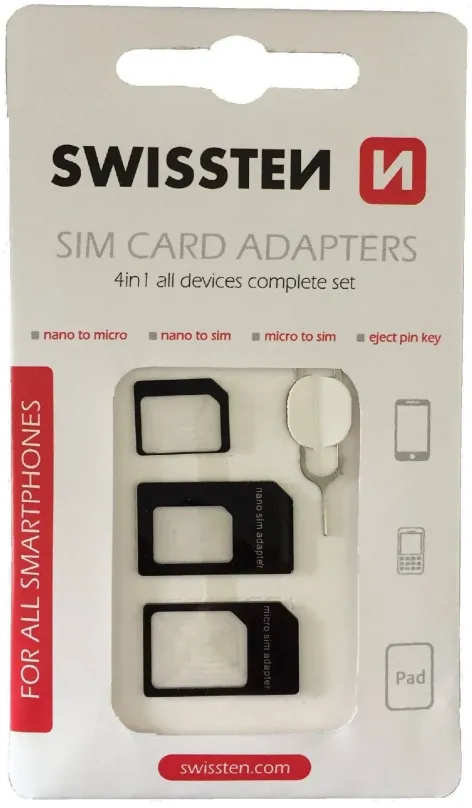 Adaptér na SIM kartu Swissten adaptér na SIM 4v1, z nano SIM karty na micro SIM kartu, zn.