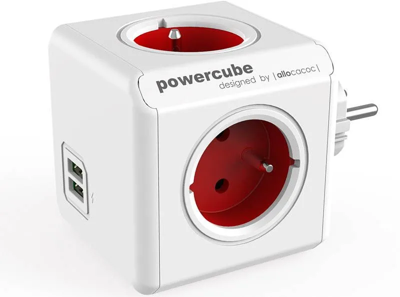 Rozbočovač PowerCube Original USB červená, – 4 výstupy, detská poistka, uzemnenie, 2 USB p