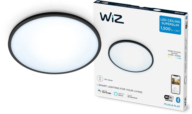 WiZ Tunable white 8719514338036 LED stropné svietidlo SuperSlim 1x16W | 1600lm | 2700-6500K - stmievateľné, čierna