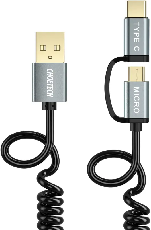 Dátový kábel ChoeTech 2 in 1 USB to Micro USB + Type-C (USB-C) Spring Cable 1.2m