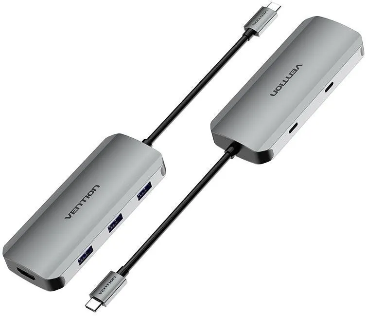 Replikátor portov Vention 6-in-1 USB-C to HDMI/USB-C 3.2 Gen 1/USB 3.0 x 3/PD Docking Station 0.15M Gray Aluminu