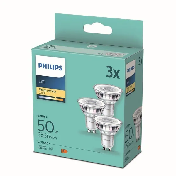 Philips 8718699777913 LED žiarovky 3x4,6W/50W | GU10 | 355lm | 2700K | 36D | PAR16 - set 3 ks