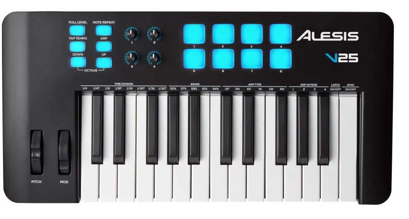 MIDI klávesy ALESIS V25 MKII, 25 kláves, s dynamikou, lesklý povrch klávesov, USB MIDI, vs